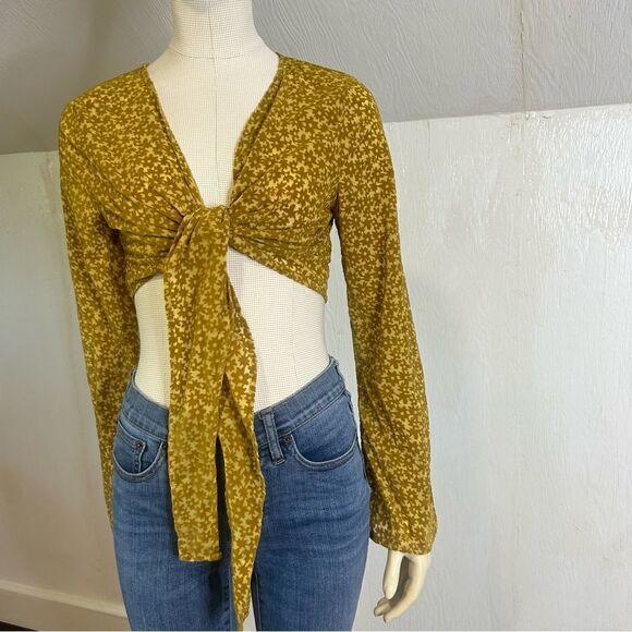 2/$30 Wild Fable Bell Long Sleeve Tie-Front Blouse Mustard Yellow Floral - Picture 5 of 11